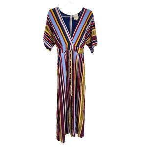 Harper Heritage Dress Colorful Stripe V-Neck‎ Button Up Slit Rayon Sz XS Lined